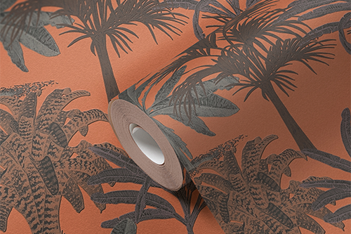 Orange Tapete mit grauen Palmen Motiven