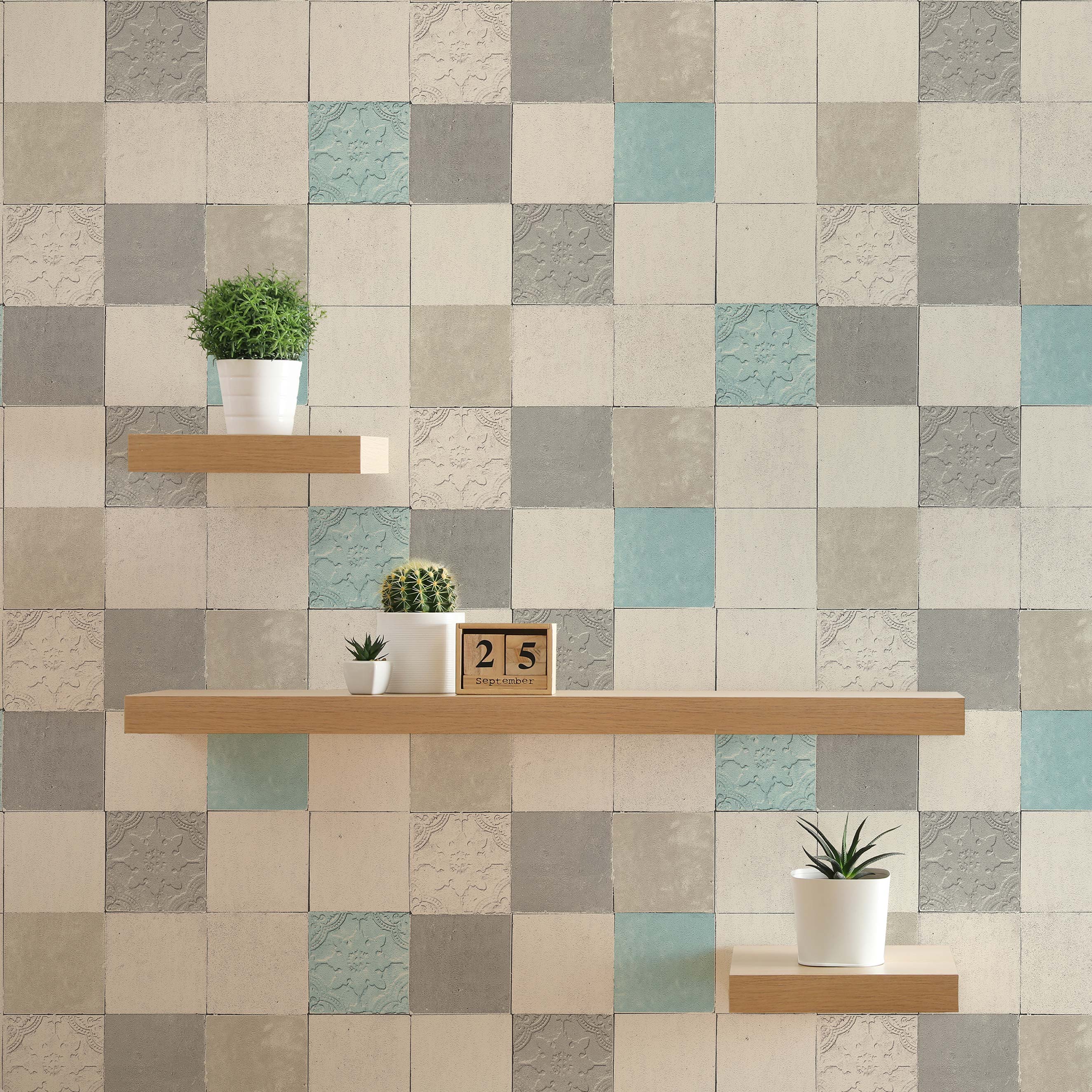 Tapete Fliesen Luca M1-No.380 | Vliestapete | Grau | Blau | Landhaus | Geometrisch