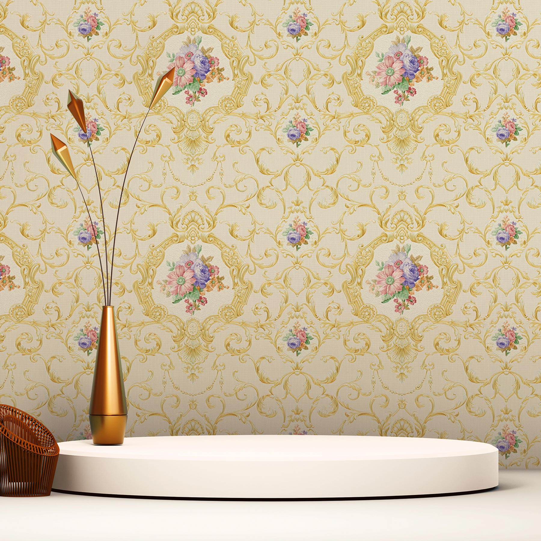 Tapete Barock Raffaele M1-No.2479 Vliestapete Gold Rosa Ornament Klassik Blumen