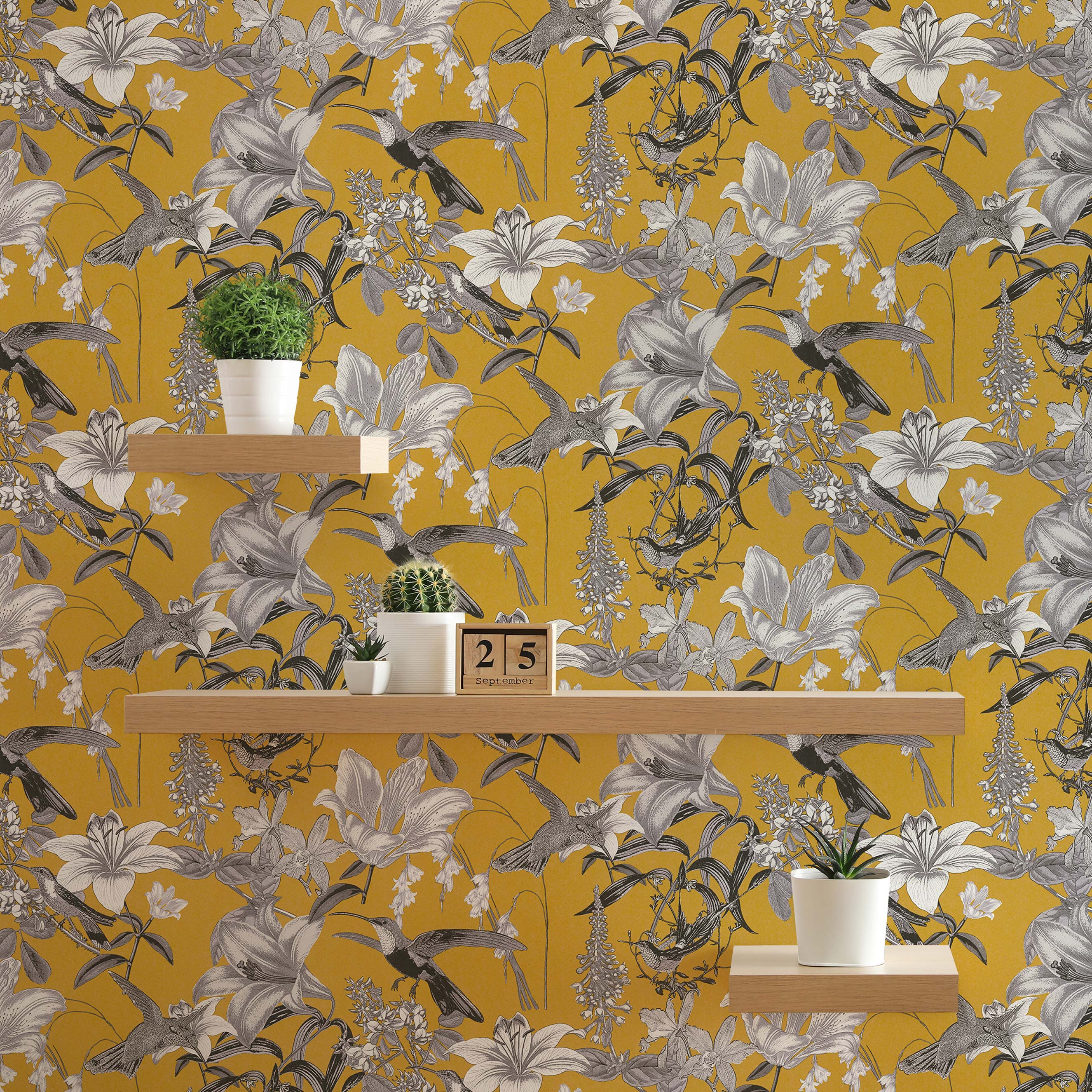 Tapete Tiere Adriano M1-No.530 | Vliestapete | Gelb | Grau | Blumentapete | Kolibri