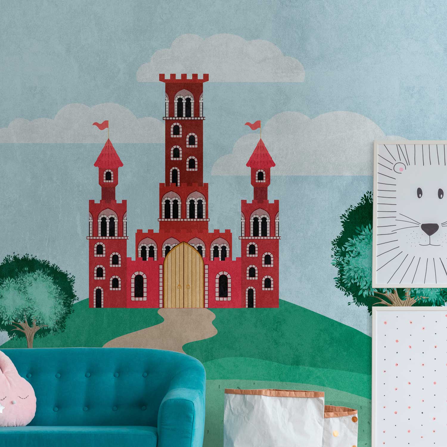 Fototapete Landschaft M1-No.10318 | Digitaldruck | Grün | Blau | Baum | Kinderzimmer | Schloss