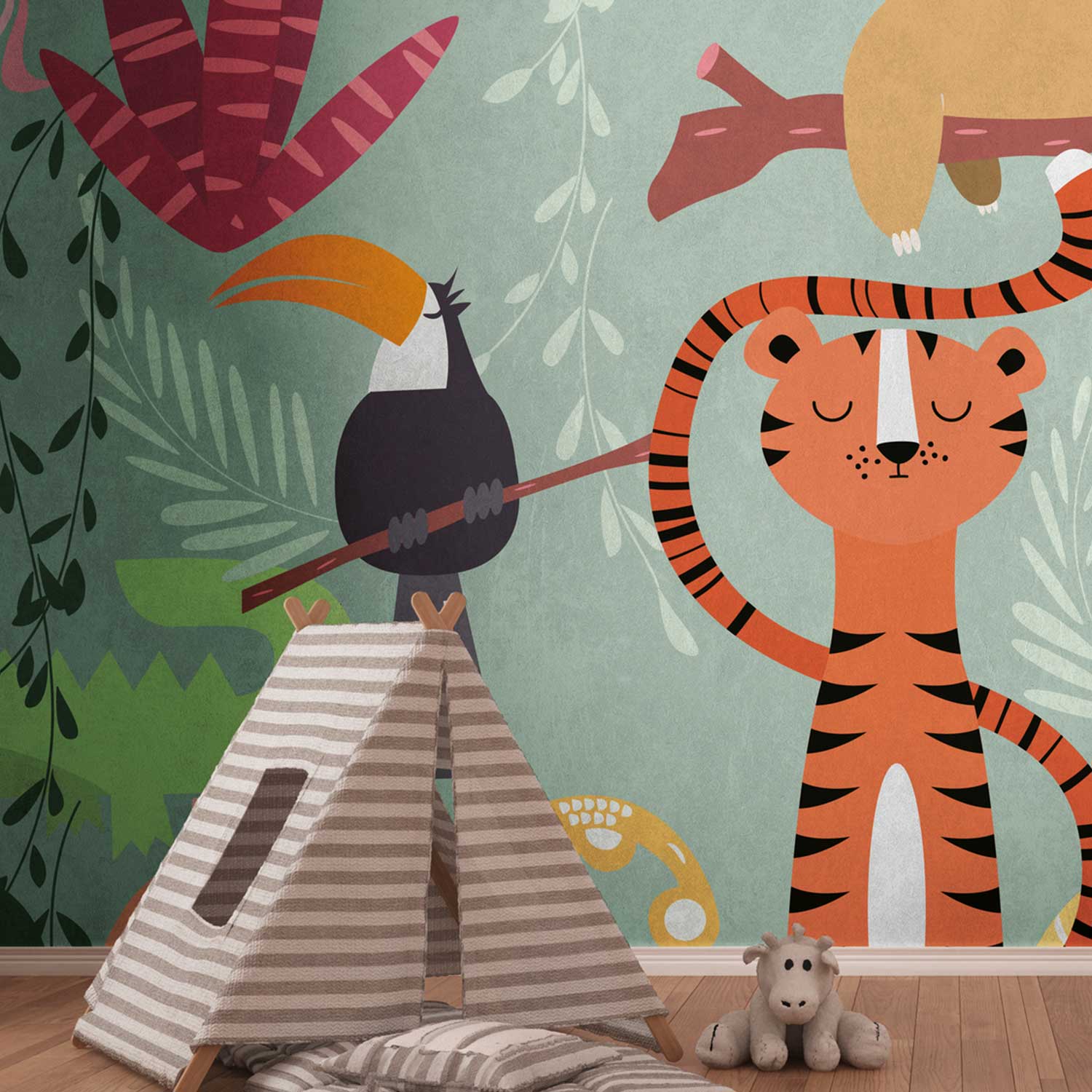 Fototapete Tiere M1-No.10322 | Digitaldruck | Bunt | Dschungel | Kinderzimmer | Tiger | Faultier