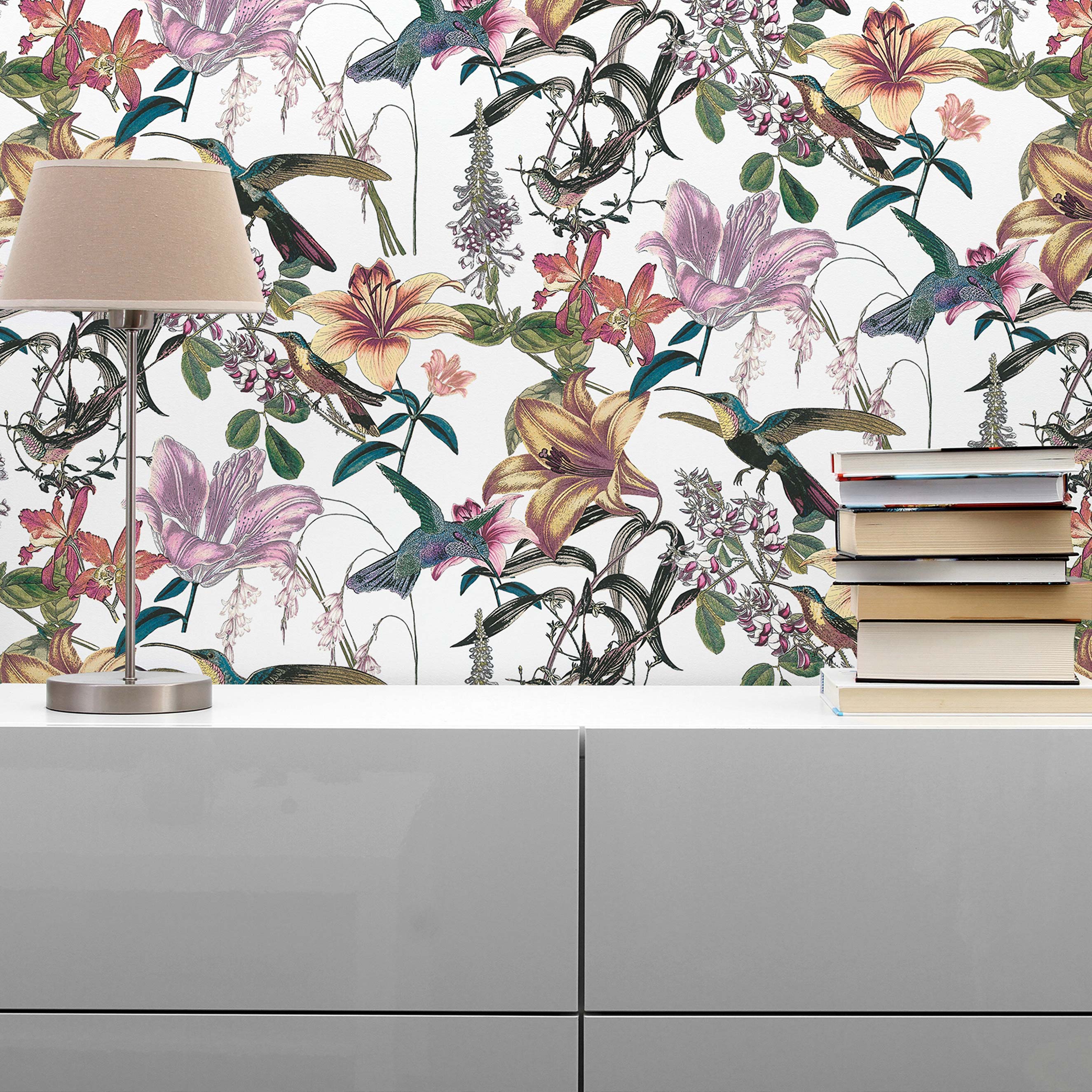 Tapete Tiere Adriano M1-No.528 | Vliestapete | Bunt | Grün | Blumentapete | Kolibri