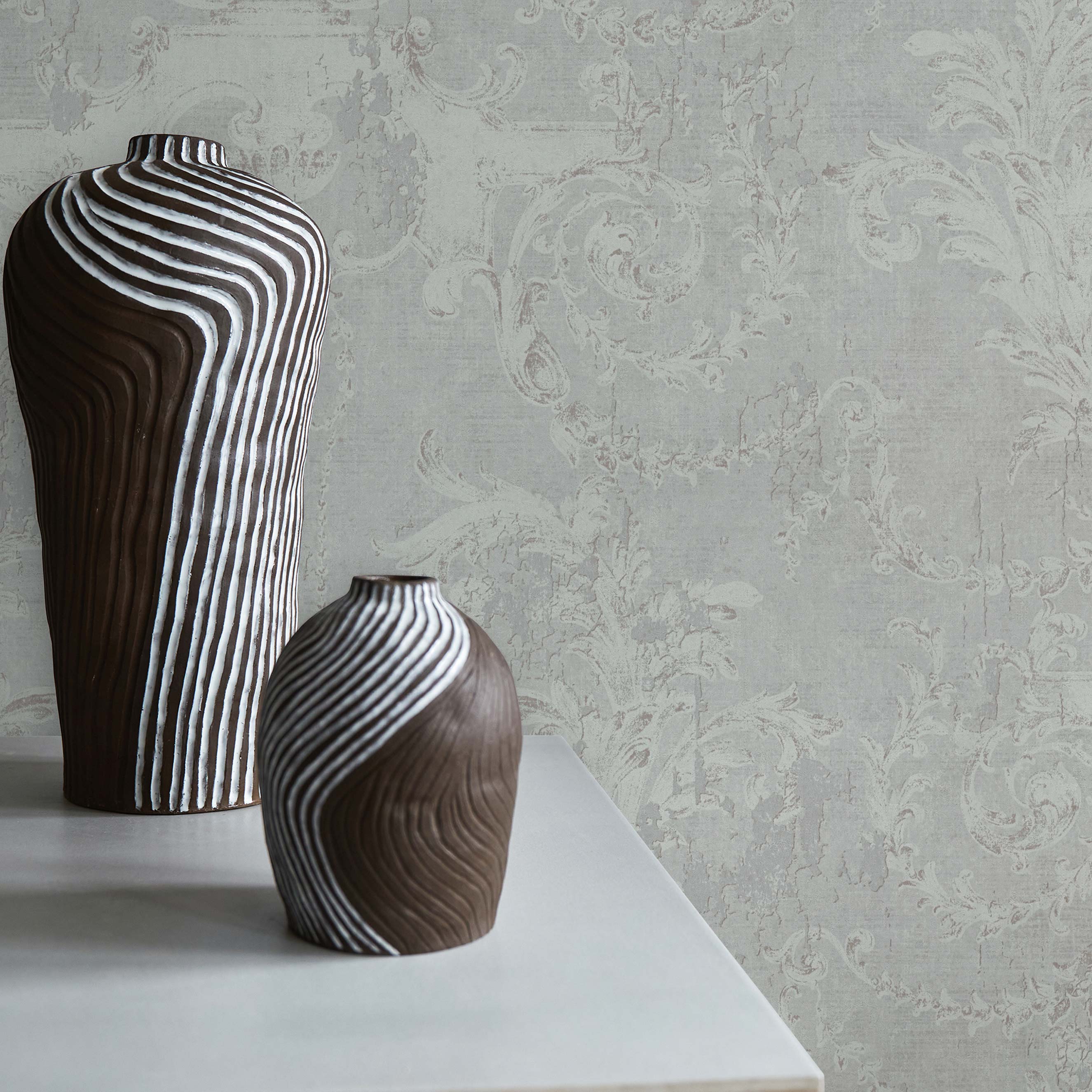 Tapete Barock Giulia M1-No.1506 | Vliestapete | Grau | Weiß | Ornamente | Klassik