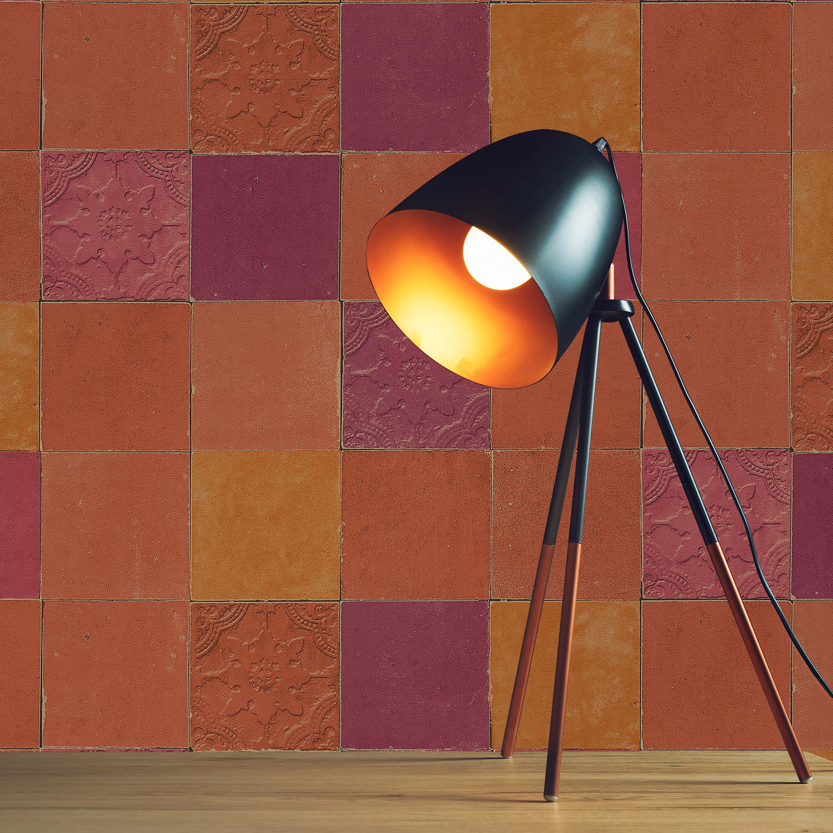 Tapete Fliesen Mosaik Aaran M1-No.1663 | Vliestapete | Orange | Rot | Vintage | Retro