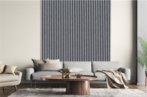 Moderne Akustikpaneele in Grau hinter Wohnzimmersofa