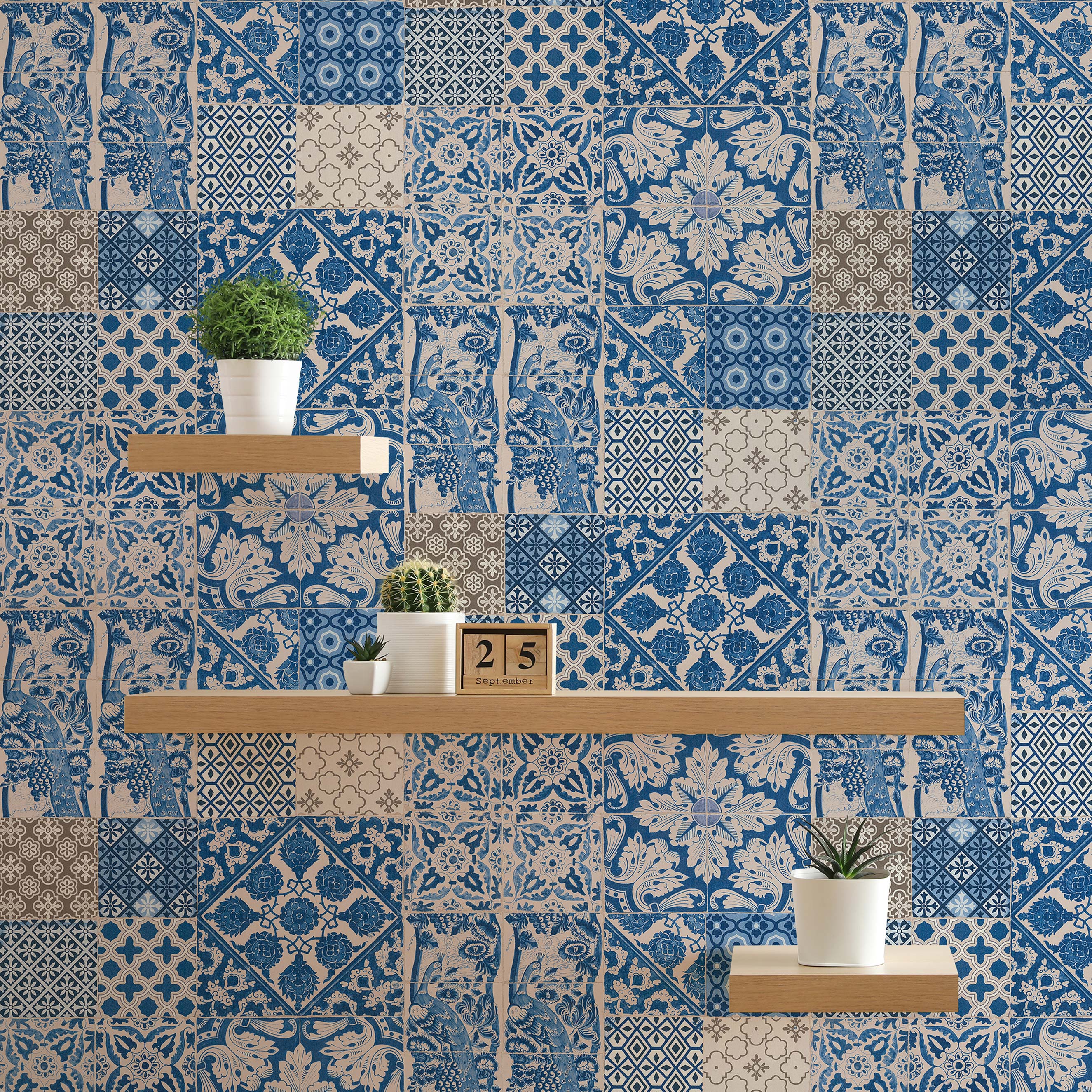 Tapete Fliesen Mauri M1-No.279 | Vliestapete | Blau | Creme | Tapete Landhaus