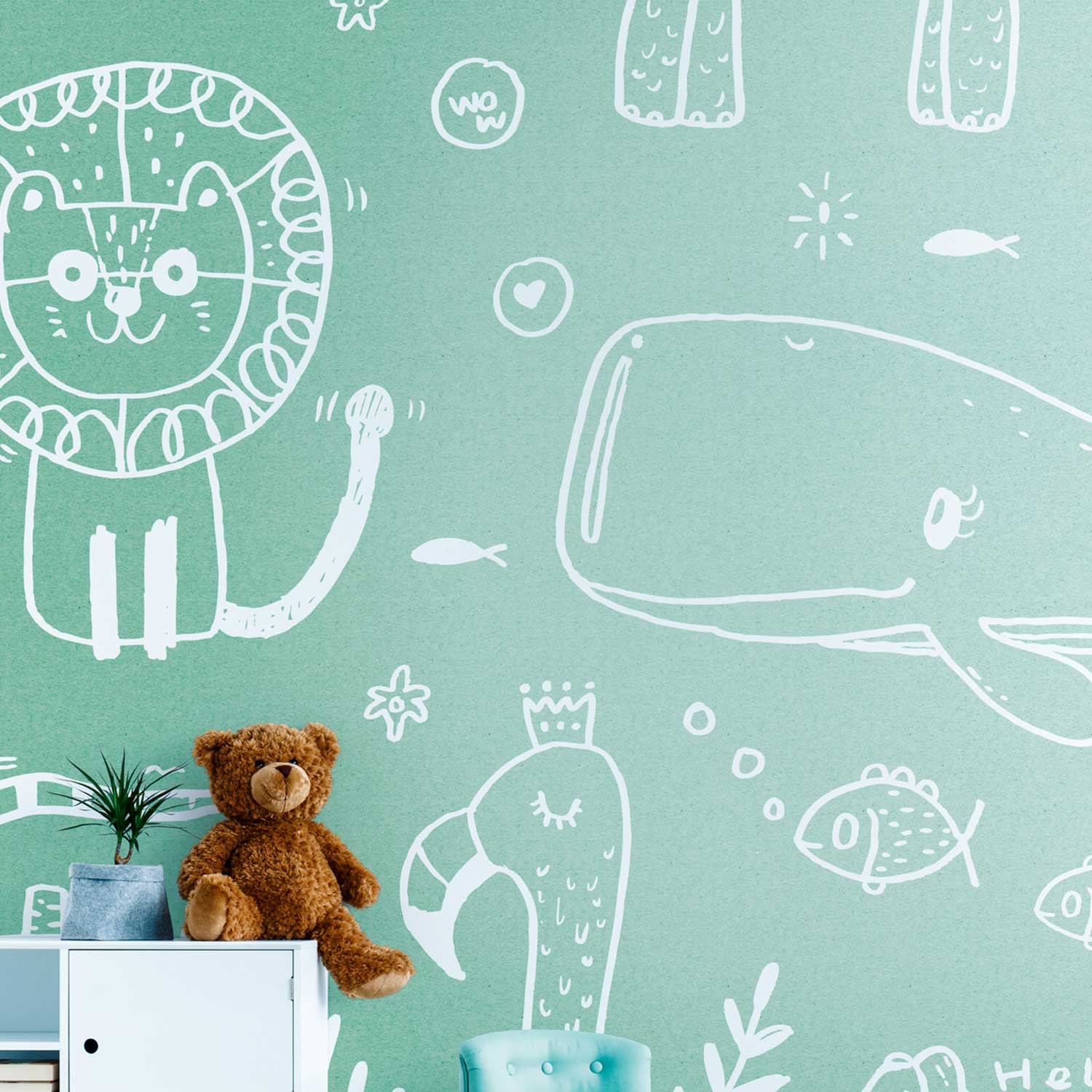 Fototapete Tiere M1-No.10323 | Digitaldruck | Grün | Weiß | Modern | Kinderzimmer | Löwe | Wal