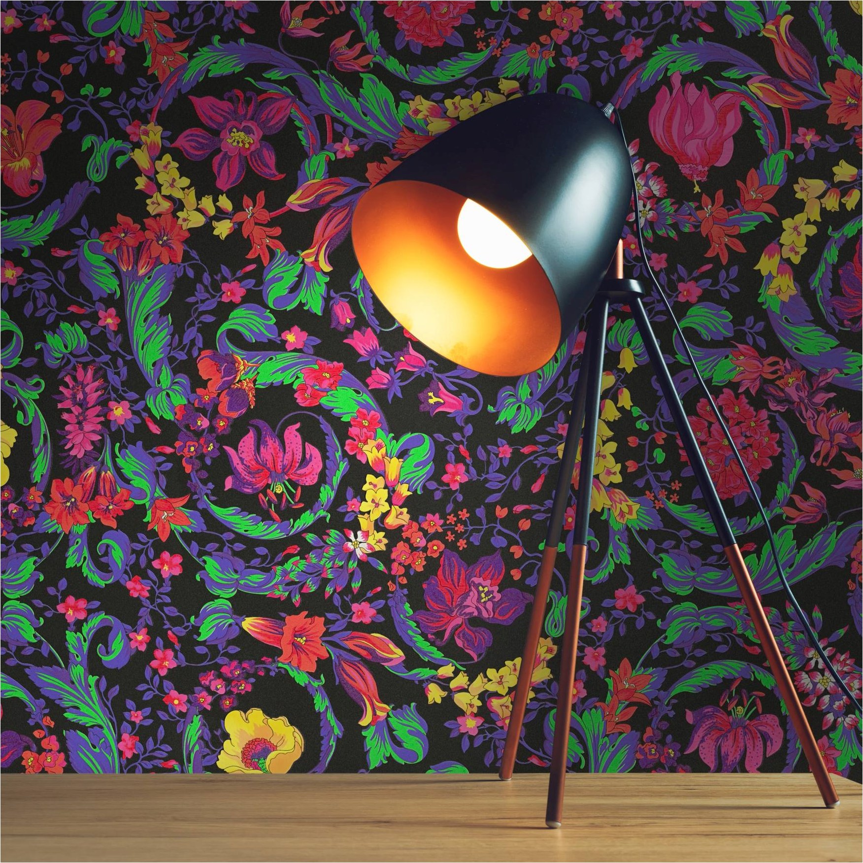 Tapete Versace Floral M1-No.11543 | Vliestapete Design | Bunt | Schwarz | Floral | Ranken | Luxus