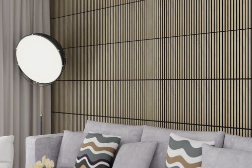 Wand hinter Sofa dekoriert mit Akustik Wandpaneelen aus Holz