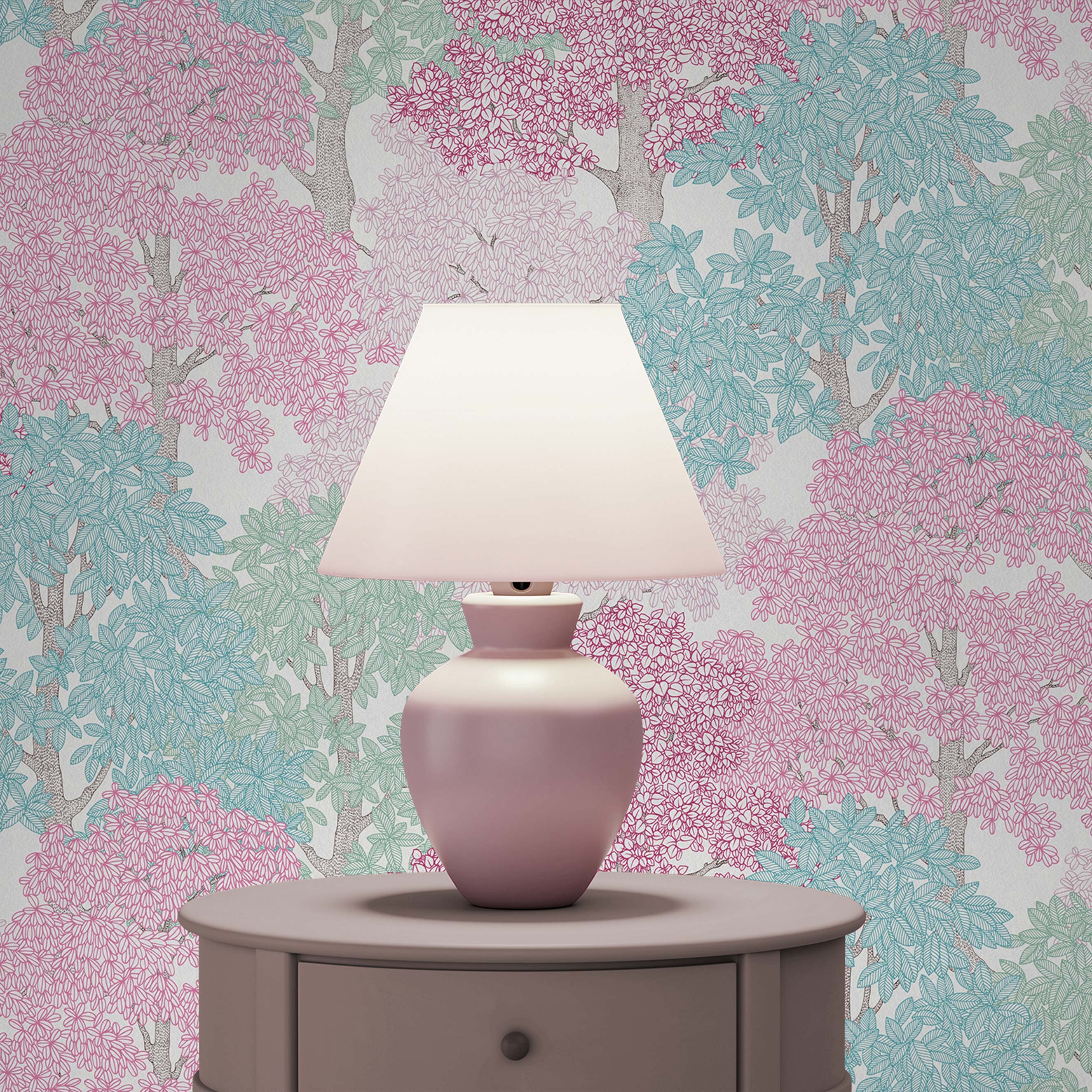 Tapete Bäume Blätter Enrico M1-No.1444 | Vliestapete | Rosa | Blau | Waldtapete