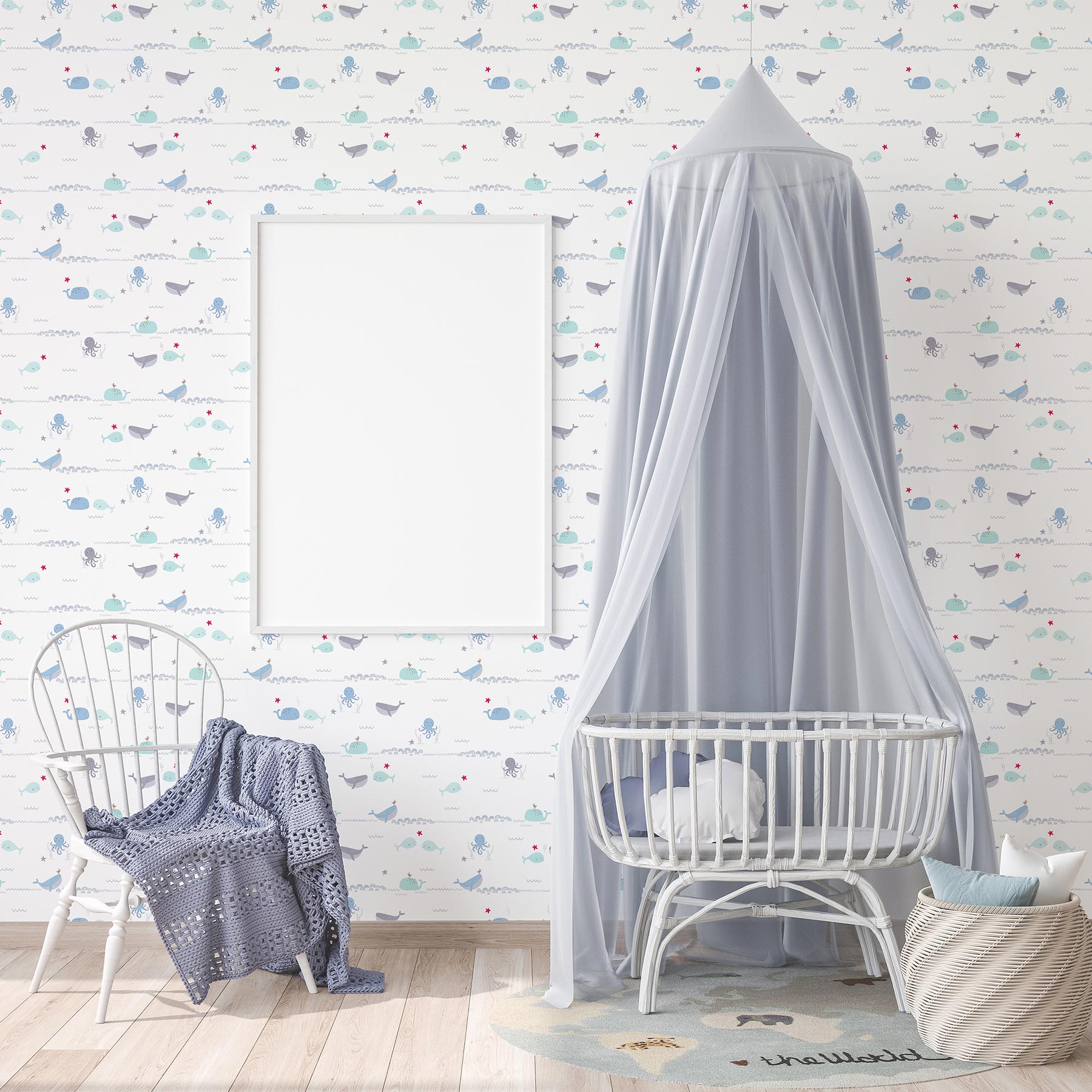 Tapete Kinderzimmer M1-No.742 | Vliestapete | Blau Grau | Tapete mit Tieren | Meeresbewohner