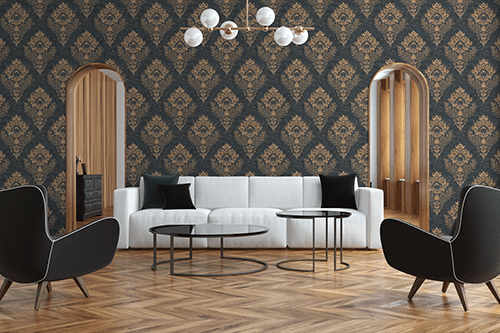Wohnzimmer mit edler Barock Tapete in dunkel Grau und Gold