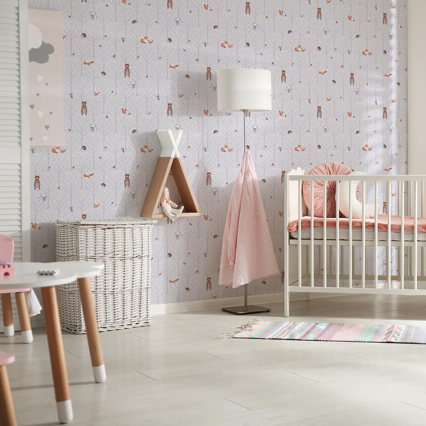 Tapete Kinderzimmer M1-No.724 | Vliestapete | Grau | Weiß | Waldtapete | Tiere