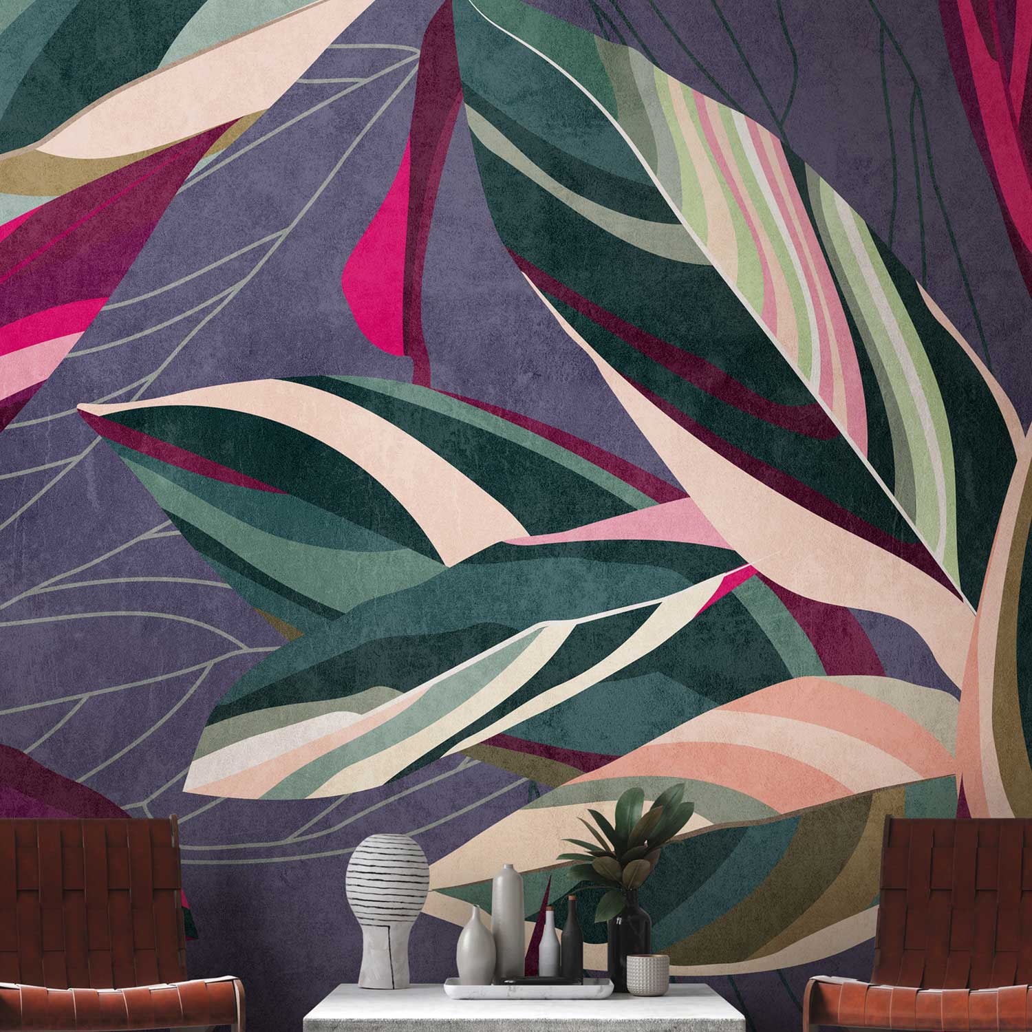 Tadessi Fototapete Dschungel M1-No.10296 Digitaldruck Tapete Lila Grün - Blätter Botanical