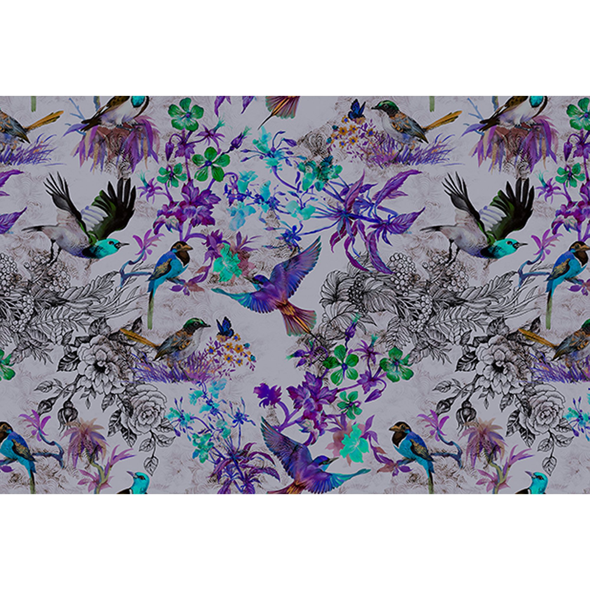 Fototapete Blumen M1-No.60590 | Digitaldruck | Blau | Grau | Vögel