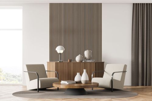 3D Wallpanels hinter Kommode im Wohnzimmer