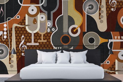 Schlafzimmer mit 70er Jahre Tapete inter dem Bett