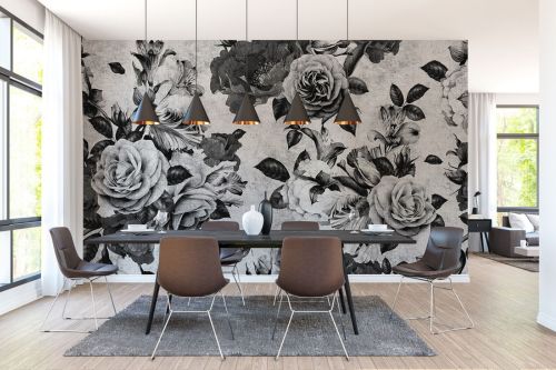 Tapeten Schwarz Weiß Blumen im Esszimmer