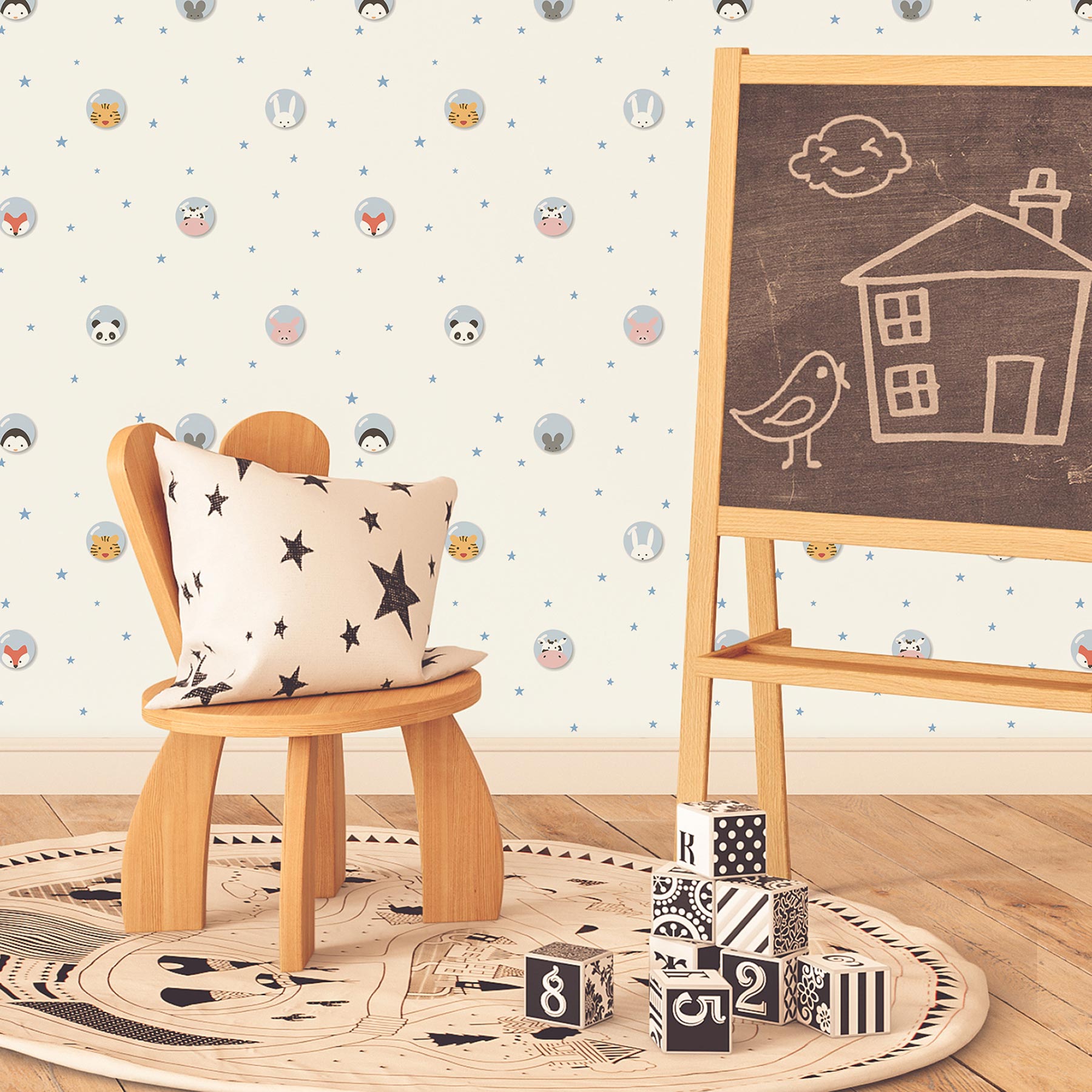 Tapete Kinderzimmer M1-No.762 | Vliestapete | Blau | Weiß | Tapete mit Tieren