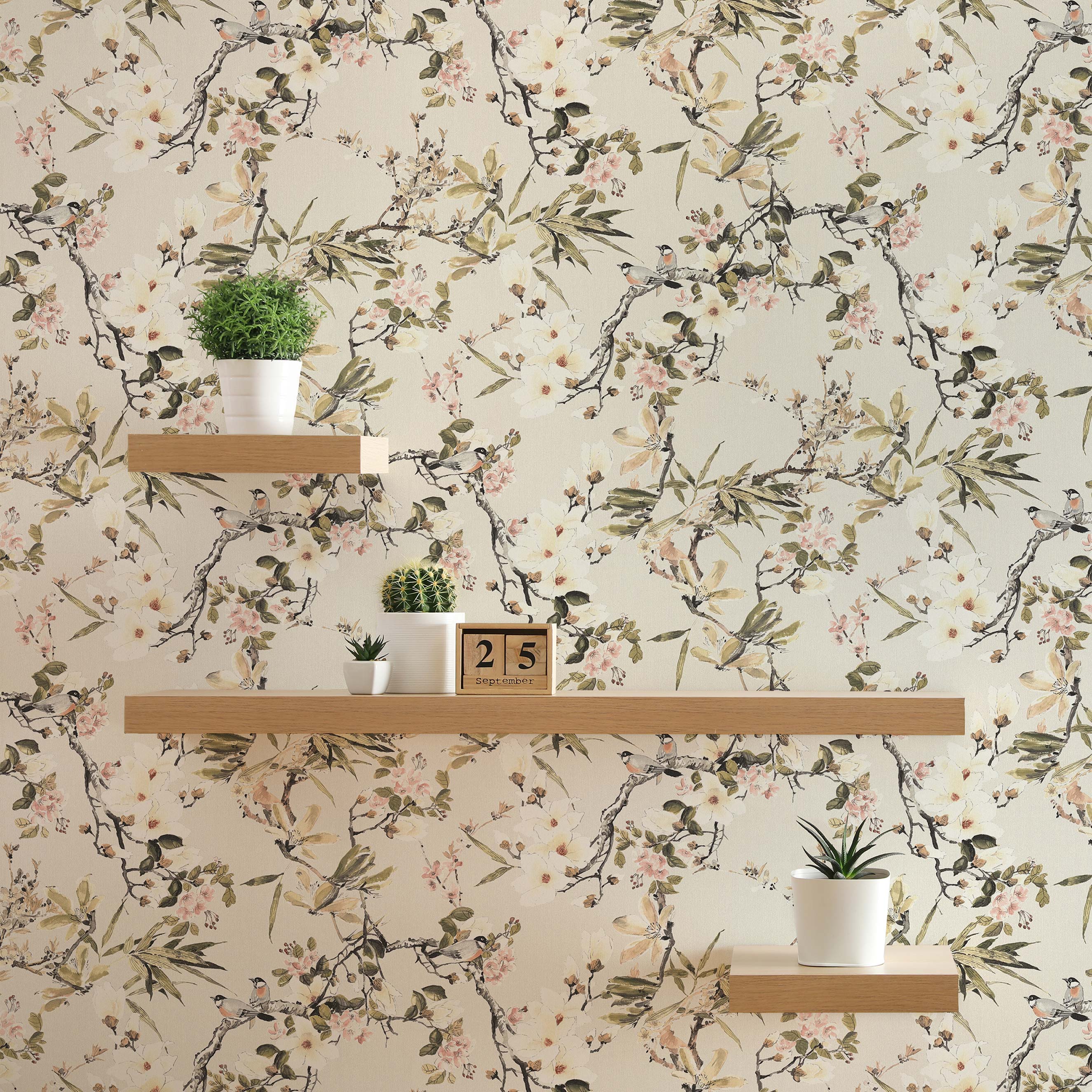Tapete Tiere Diego M1-No.208 | Vliestapete | Beige | Grün | Blumentapete | Natur Vögel