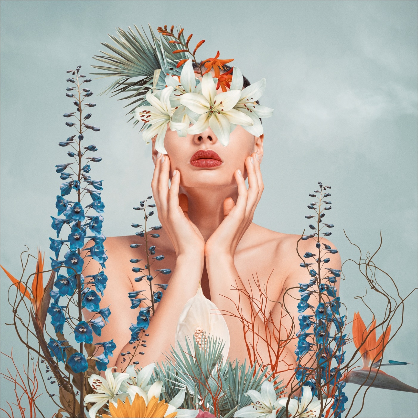 Fototapete Frau M1-No.11791 | Vliestapete Floral | Blau | Beige | Blumen | Wohnzimmer | Schlafzimmer
