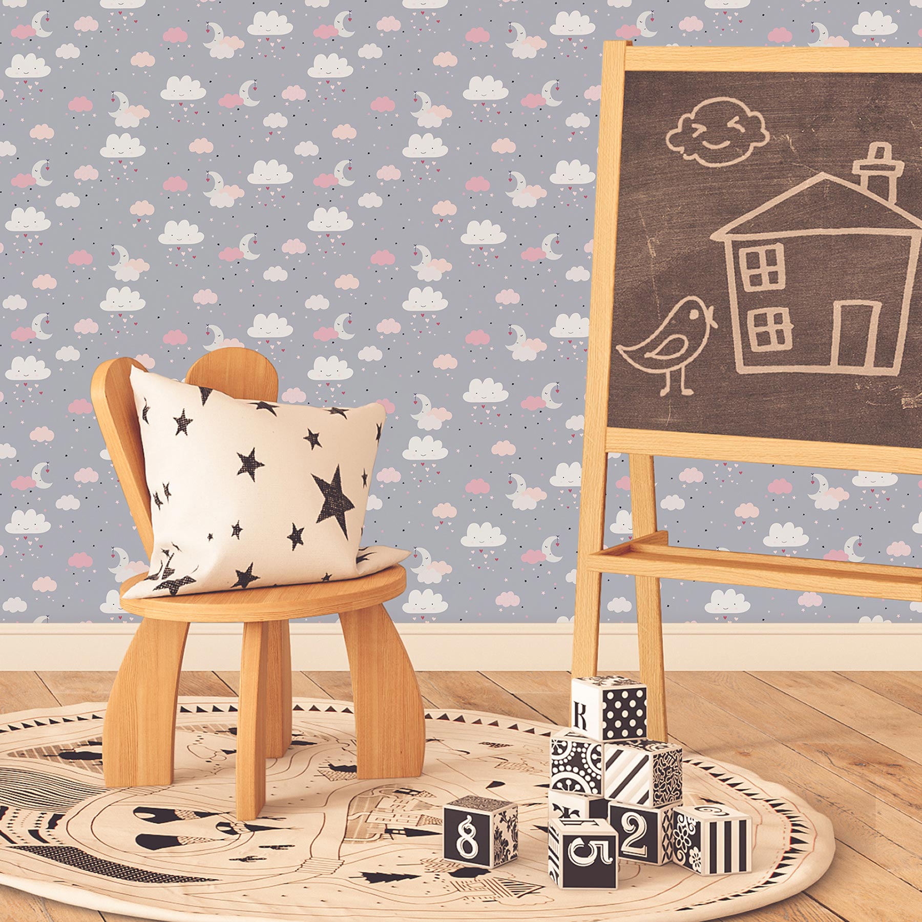 Tapete Kinderzimmer M1-No.736 | Vliestapete | Grau | Rosa | Wolken | Sterne