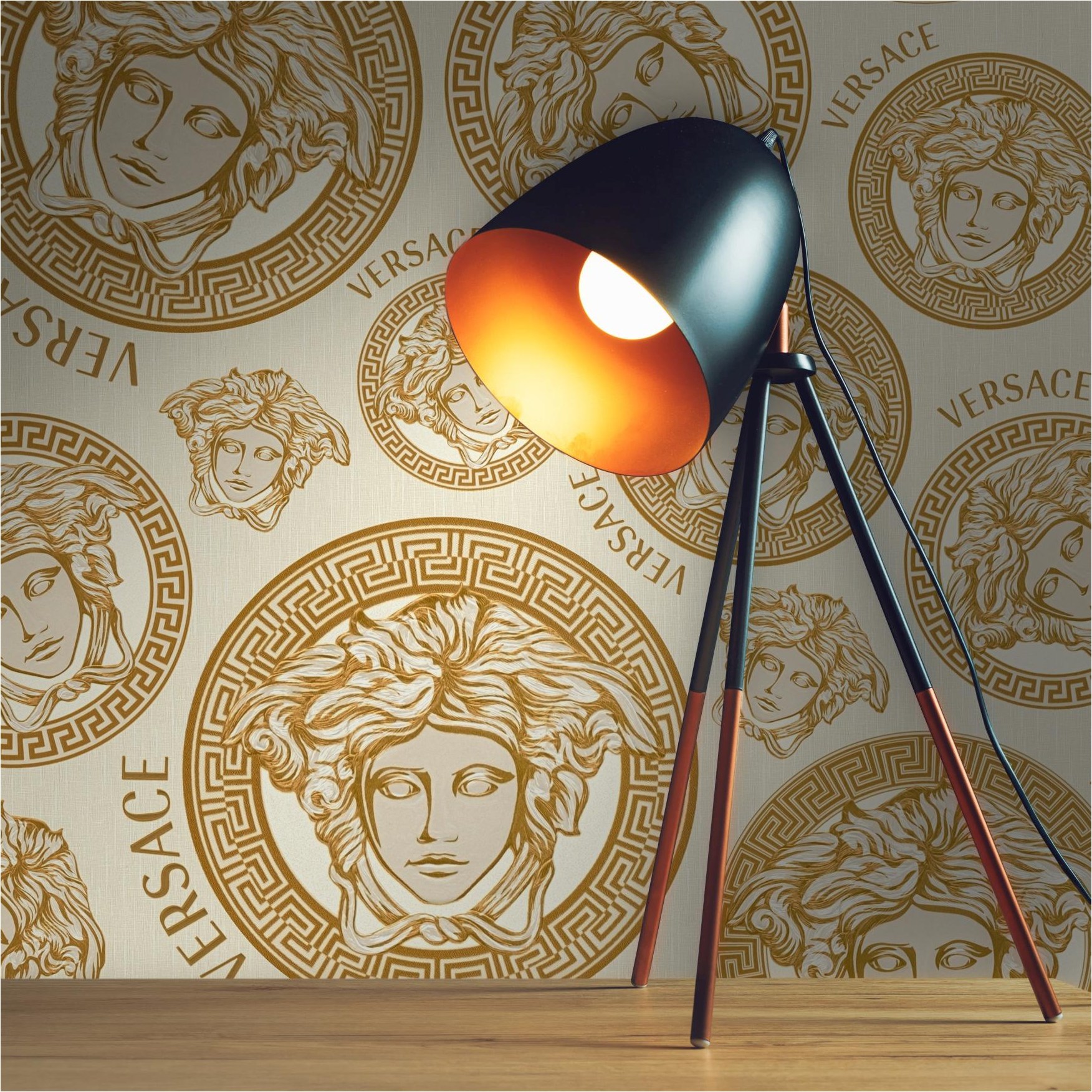 Tapete Versace Luxus-Optik M1-No.11523 | Vliestapete Design | Gold | Weiß | Medusa | Schriftzug