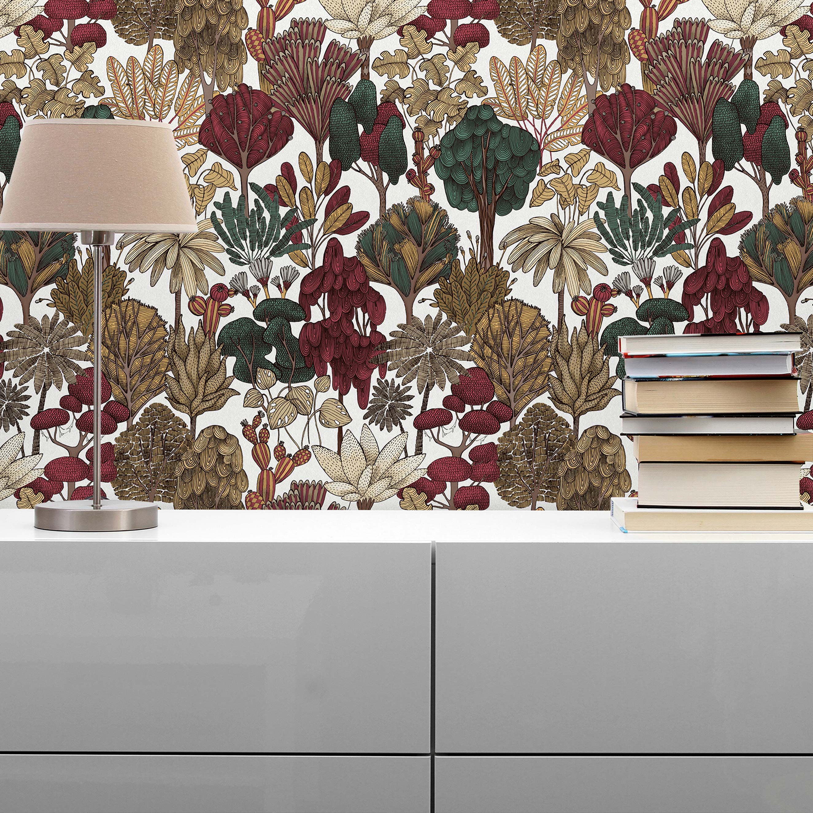 Tapete Wald und Blätter Camilla M1-No.570 | Vliestapete | Rot | Beige | Dschungeltapete