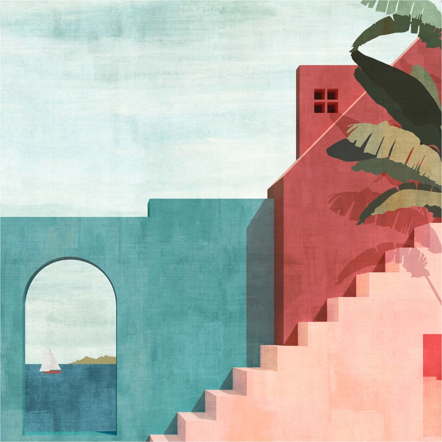 Tadessi Fototapete Gebäude M1-No.11770 Digitaldruck Tapete Blau Rot - Urlaub Wohnzimmer Küche