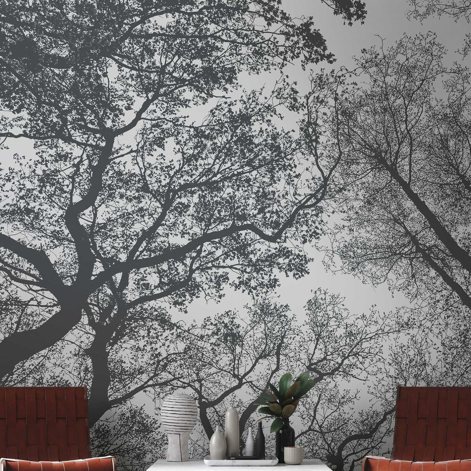Tadessi Fototapete Wald M1-No.10272 Digitaldruck Tapete Grau Schwarz - Bäume Modern