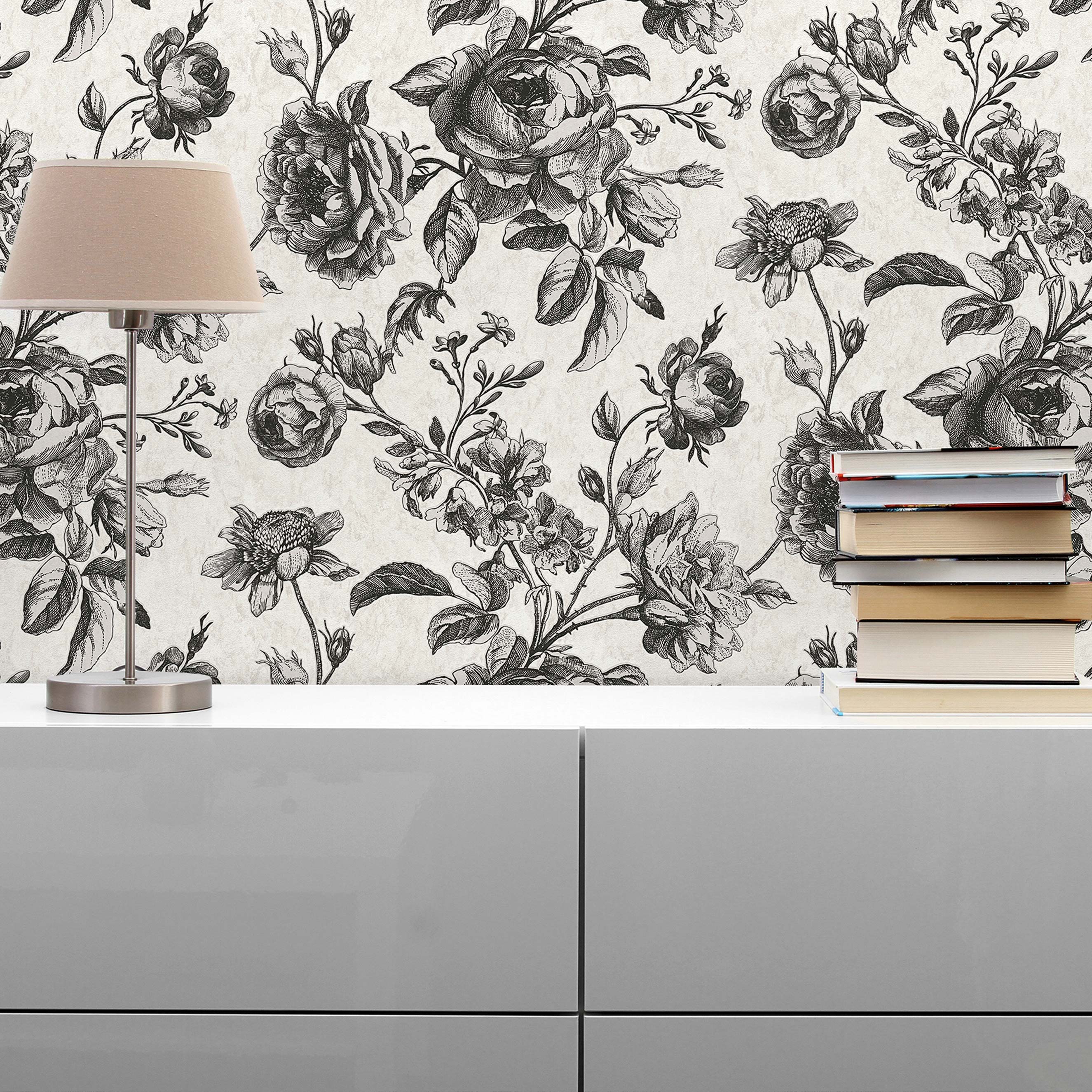 Tapete Blumen Lenni M1-No.1839 | Vliestapete | Schwarz | Perlweiß | Floral | Natur