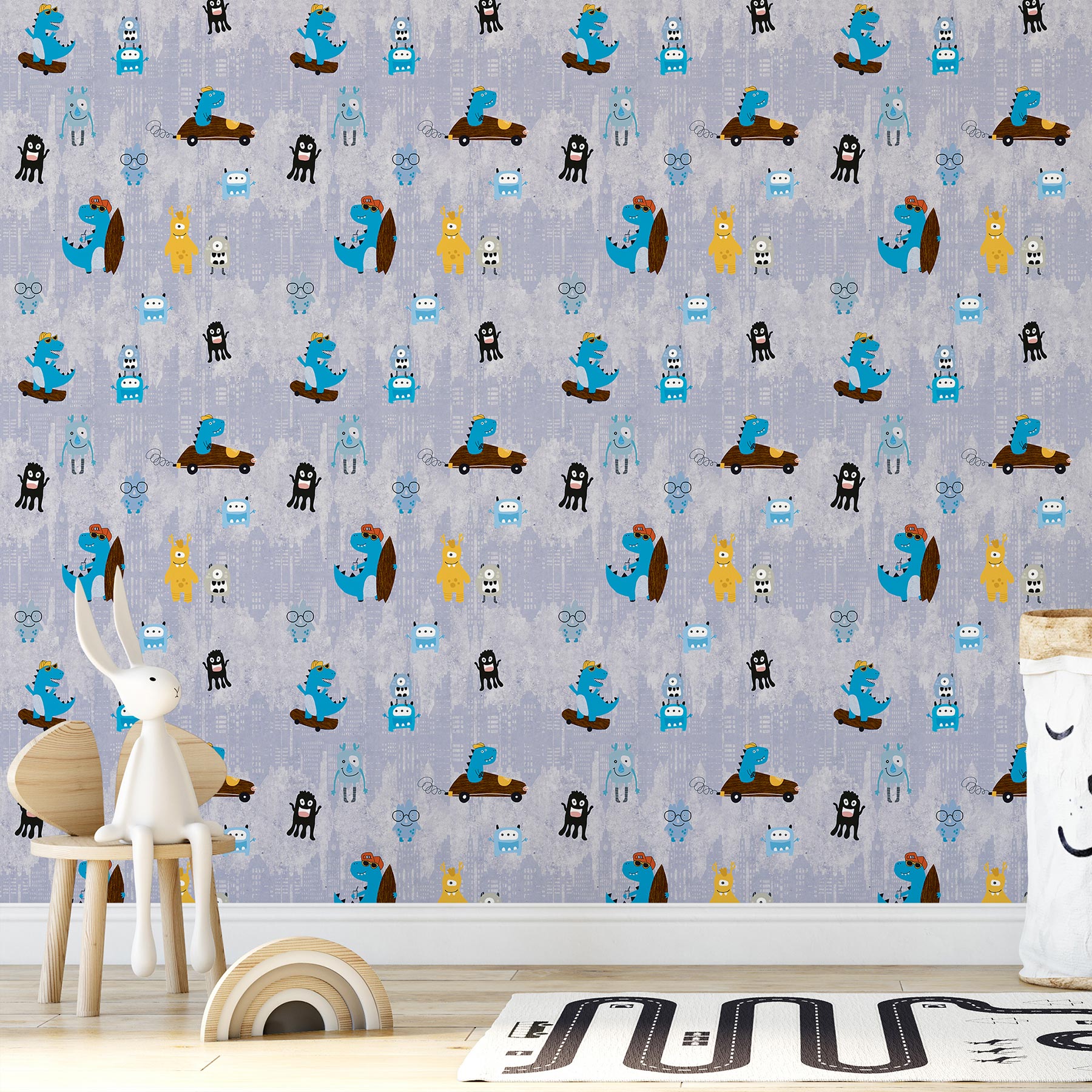 Tapete Kinderzimmer M1-No.729 | Vliestapete | Blau | Gelb | Dinosauriertapete