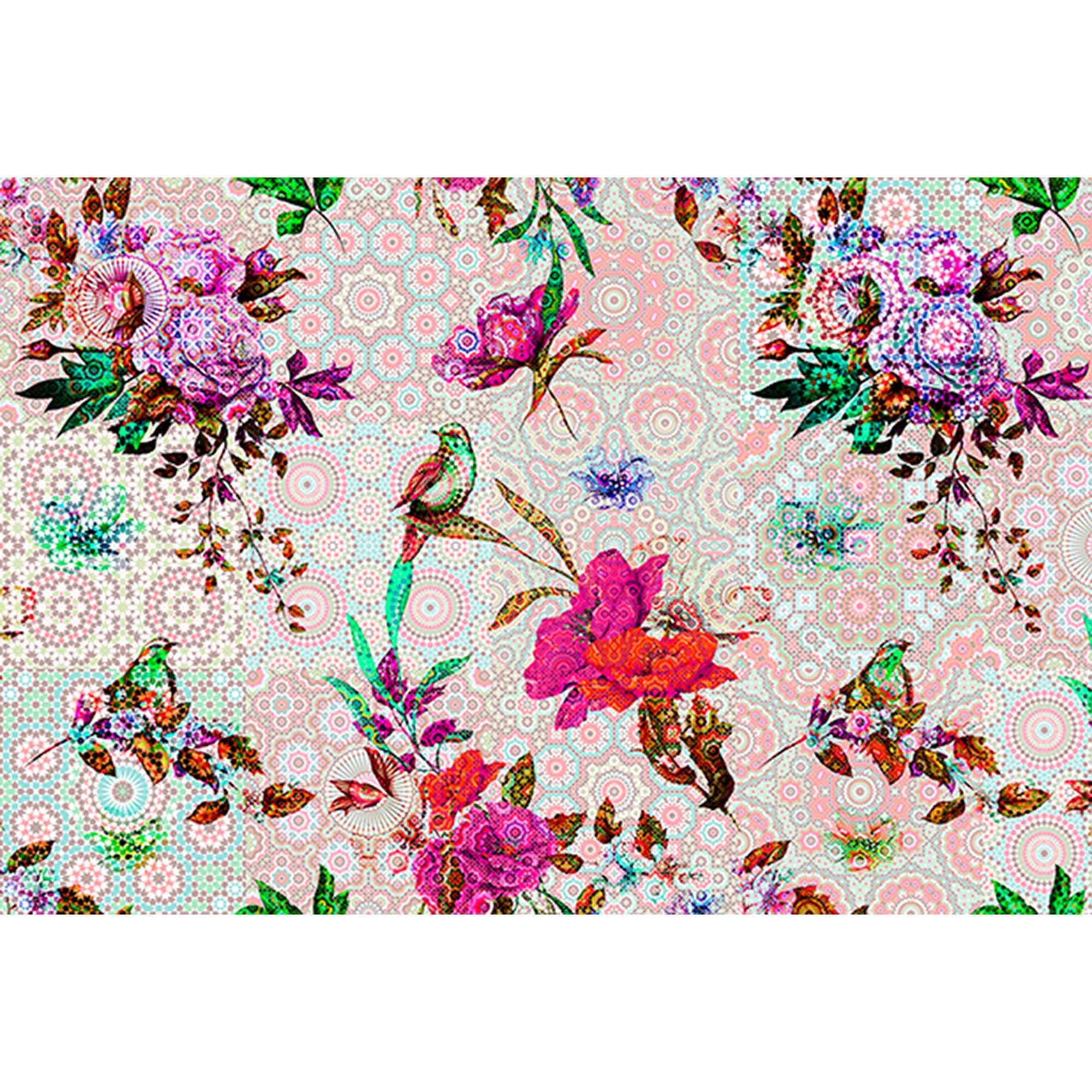 Fototapete Blumen M1-No.60641 | Digitaldruck | Rosa | Rot | Vögel | Pflanzen | Floral