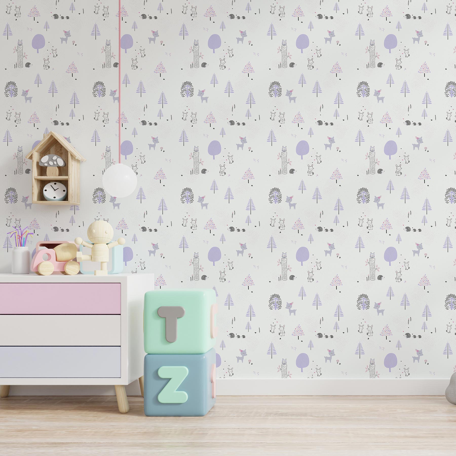 Tapete Kinderzimmer M1-No.722 | Vliestapete | Lila | Weiß | Tapete mit Tieren