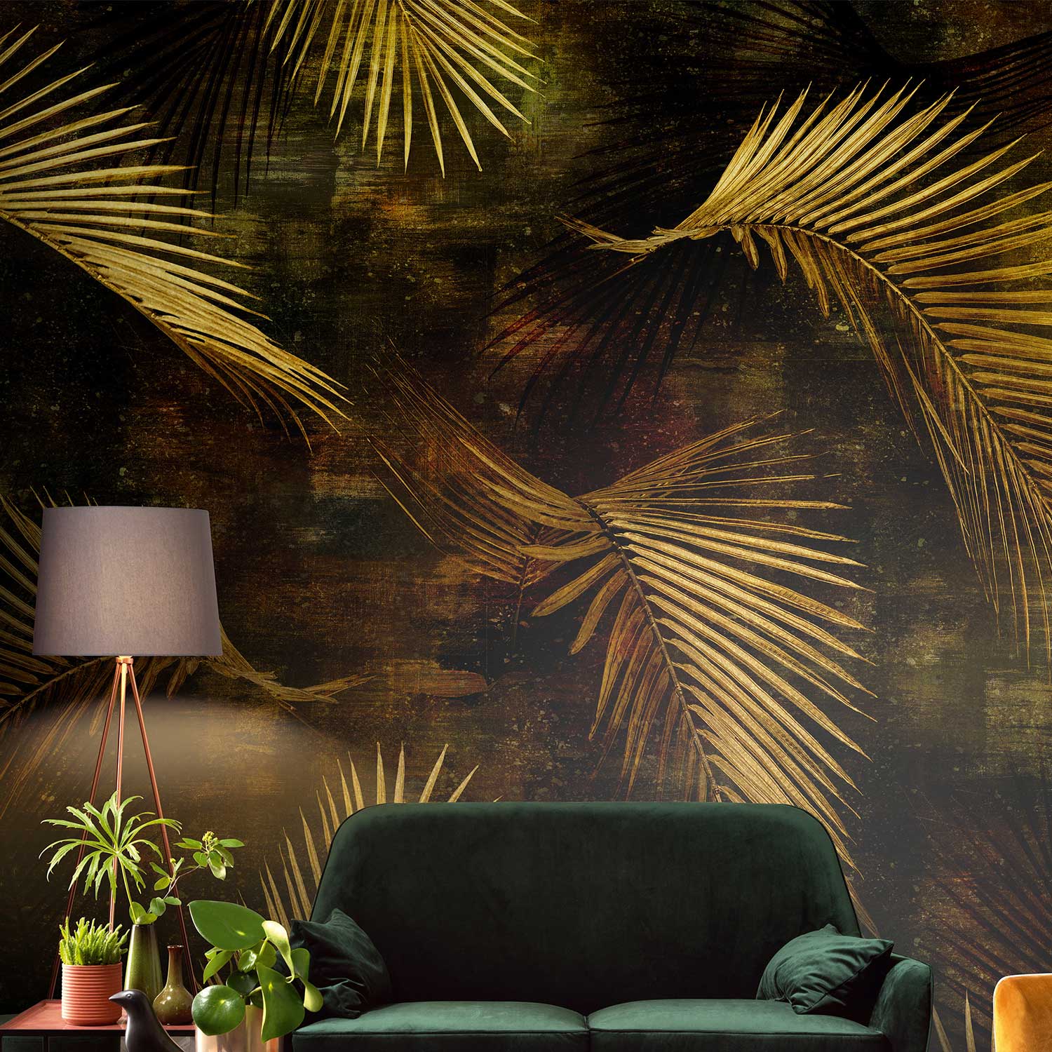 Fototapete Federn M2-No.0514 | Digitaldruck | Gold | Glossy Palms | Boho Chic | Elegant | Luxus