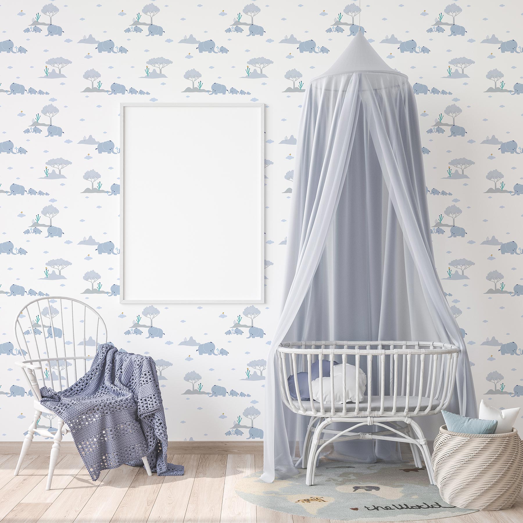 Tapete Kinderzimmer M1-No.739 | Vliestapete | Blau | Grau | Tapete mit Tieren | Elefant