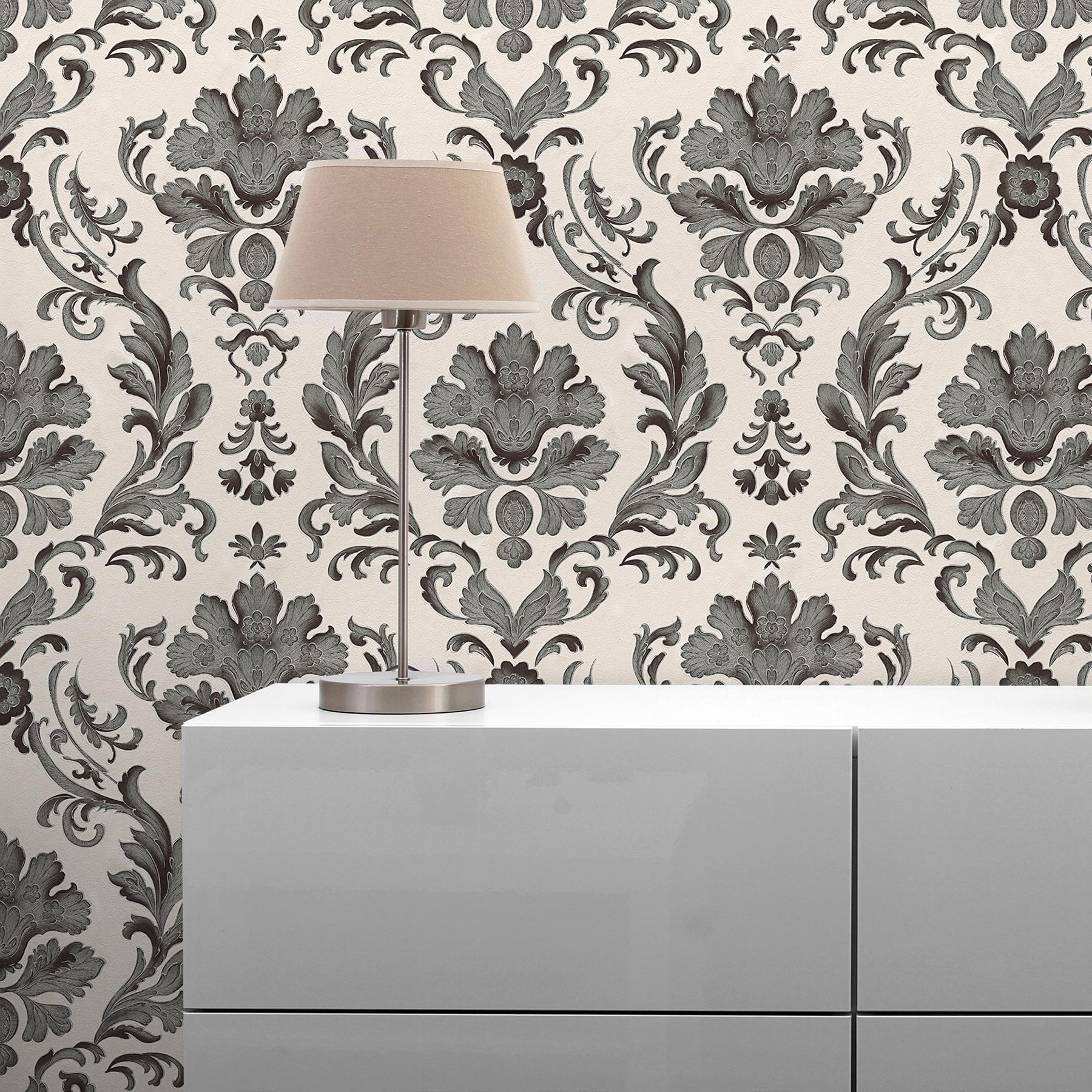 Tapete Barock Giulia M1-No.2103 | Papiertapete | Anthrazit | Weiß | Ornament | Klassik
